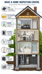 Home inspection checklist infographic showing what inspectors check from roof to foundation