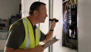 Home inspector checking an electrical panel during a home inspection