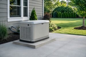 Home standby generator installed outside a house on a concrete pad