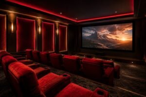 Private home theater with red velvet seating and ambient lighting