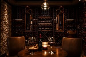 Private home wine cellar with dark wood racking and ambient lighting