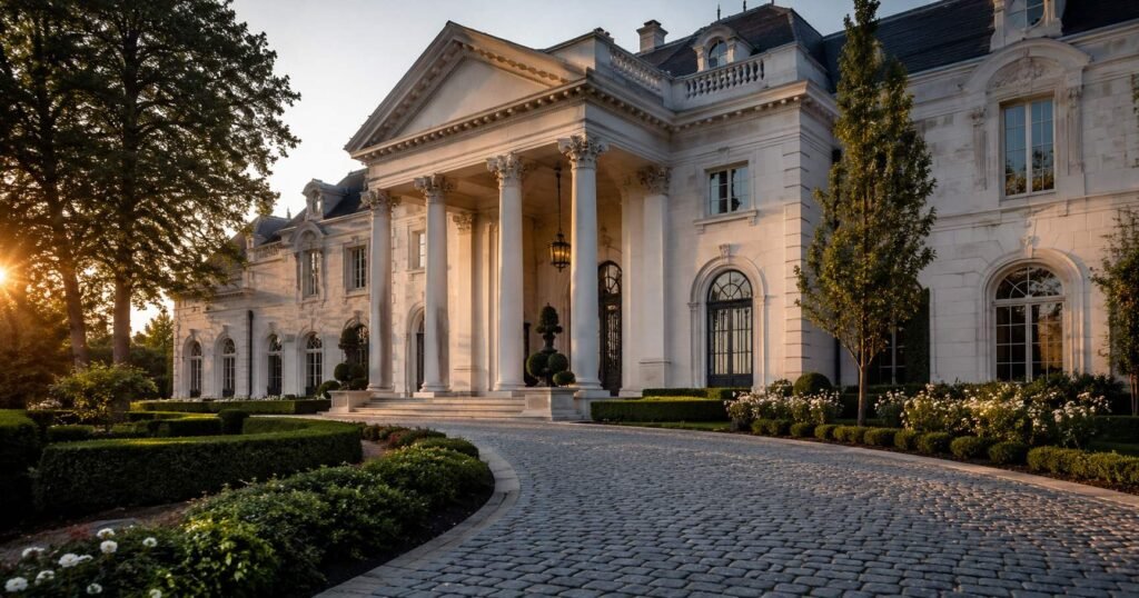 Luxury neoclassical mansion exterior with columns and a curved driveway at golden hour