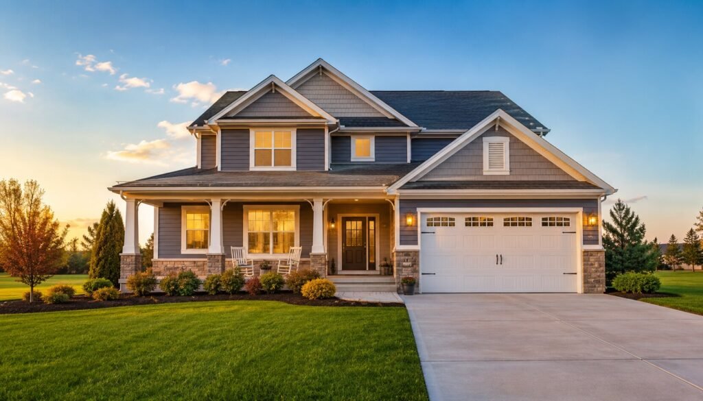 Beautiful move in ready home exterior with manicured lawn and welcoming front porch