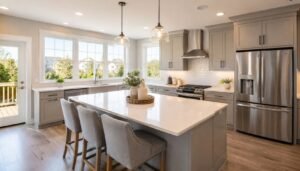 Modern move in ready kitchen with new stainless steel appliances and natural light