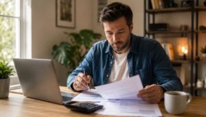 Homebuyer reviewing a closing disclosure with a calculator before closing day