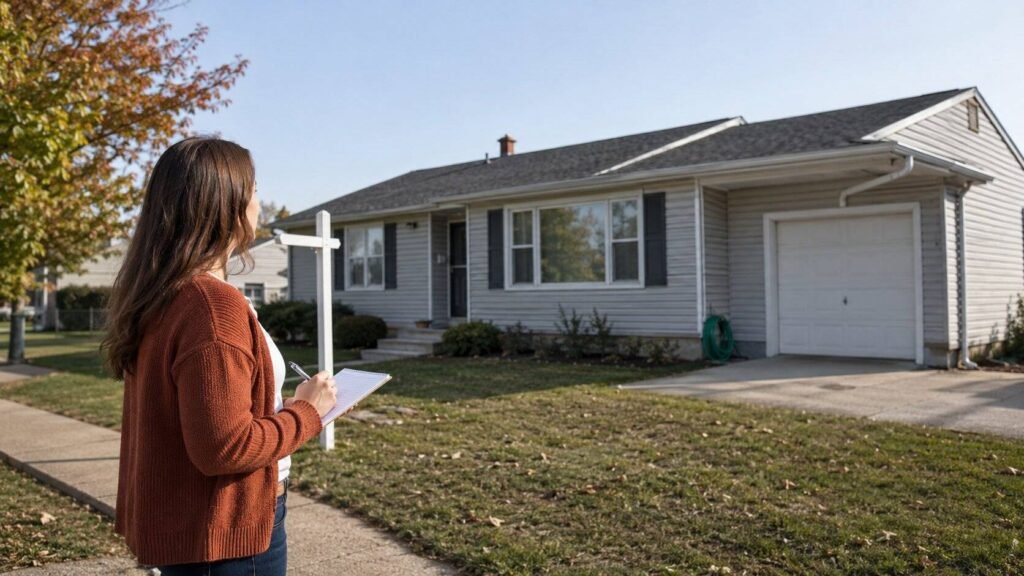 Things to Know Before Buying a House: What to Check, What to Ask, and When to Walk Away A woman holding a notebook stands on a front walkway looking up at a modest gray suburban house for sale.