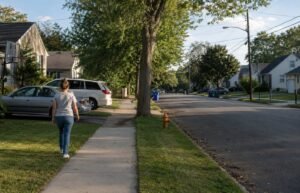 A person walks along the sidewalk of a tree-lined residential street with modest homes and parked cars.