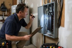 A home inspector checks an electrical panel with a flashlight while taking notes on a clipboard.
