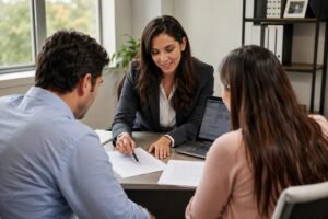 A couple sits across a desk from a loan officer, reviewing mortgage documents during a preapproval meeting.