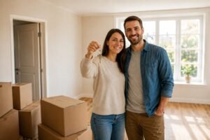 New homeowners hold up a set of house keys inside their new living room surrounded by moving boxes.