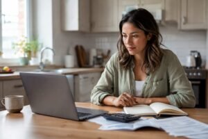 A woman reviews bank statements and a budget on a laptop at her kitchen table with a cup of coffee.