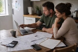 A couple at a kitchen table reviews paper bills and a calculator while budgeting for home costs.