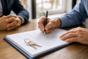 Hands sign closing paperwork at a table, with a pen and a set of house keys resting nearby.