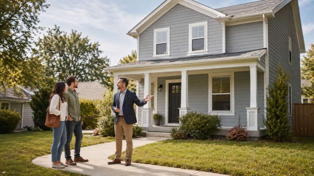 Steps to Buying a House: A First-Time Buyer’s Guide A couple stands on the front walkway of a suburban home, talking with a real estate agent on a sunny afternoon.