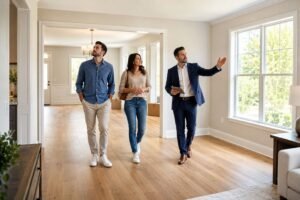 A young couple walks through the bright living room of a home for sale with their real estate agent.