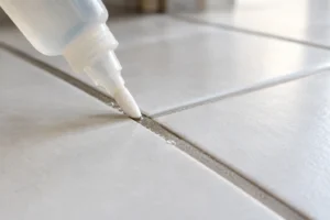 Clear grout sealer being applied along a grout line with a felt-tip applicator bottle, leaving a darker wet trail behind it