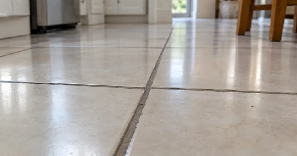 How to Clean Floor Tile Grout Without Scrubbing Close-up of a cream ceramic tile floor with grout lines darkened to gray-brown along a walking path