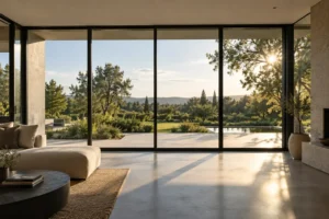 Living room with a full height glass wall and slim aluminium frames in afternoon sun