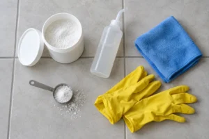 Grout cleaning supplies laid out on a tile floor: a tub of white powder, a squeeze bottle, microfiber cloth, rubber gloves and a measuring scoop