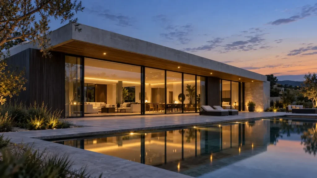 Why Modern Luxury Homes Became an Insurance Problem Modern luxury home with a flat roof and floor to ceiling glass lit from inside at dusk