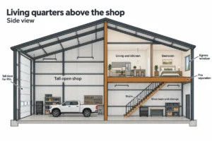 Side view of a shouse with living quarters above the shop and a tall open shop bay