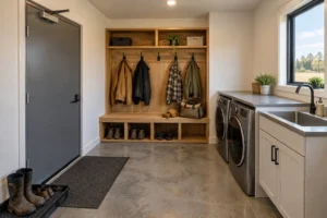 Mudroom between the shop and the living area of a shouse
