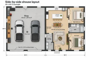 Floor plan of a 40 by 60 foot side-by-side shouse with the shop and the living space