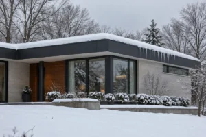 Snow sitting evenly across the flat roof of a modern house with icicles at the edge