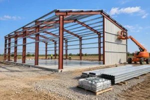Steel frame of a shouse going up on a concrete slab