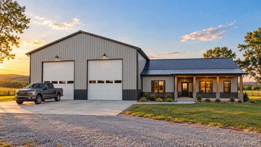What Is a Shouse? A Clear Guide to Shop Houses Modern shouse with a tall metal shop and attached living space on rural land